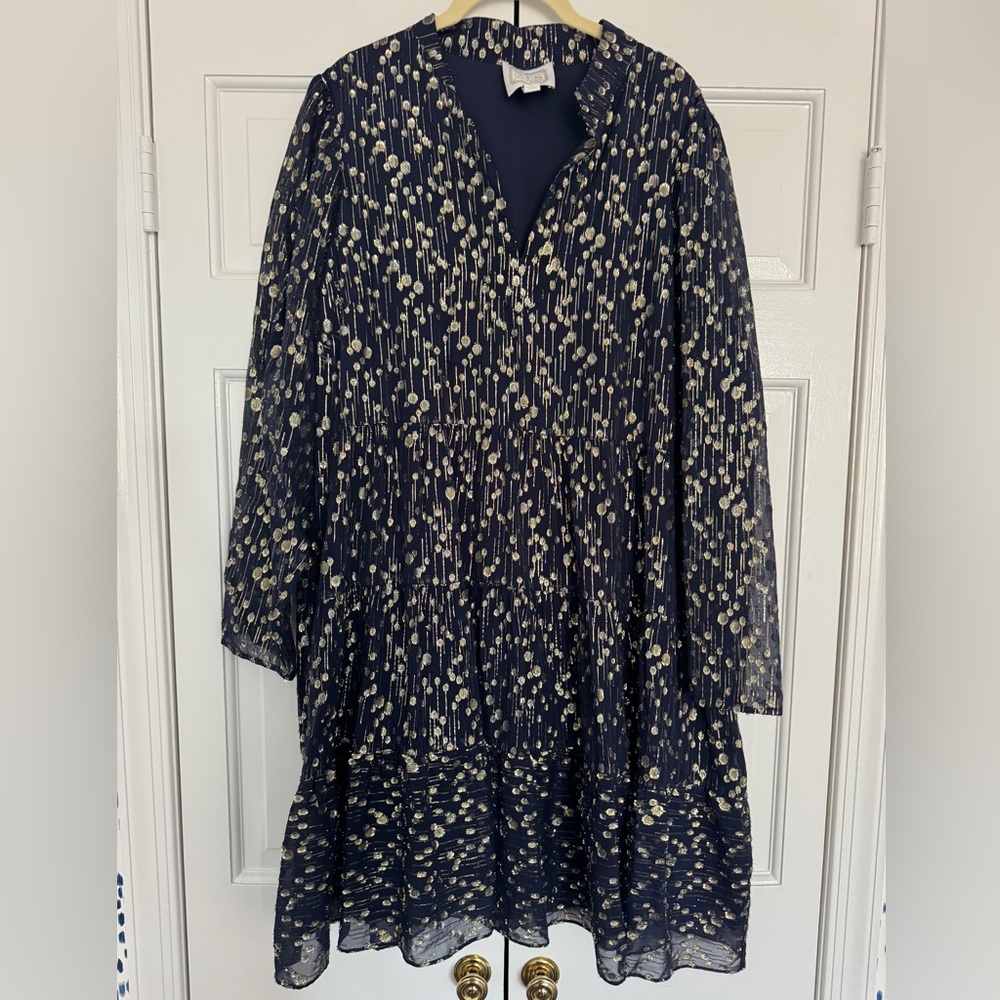 Sail to Sable Navy Blue Midi Dress with Cream Dot Print size XXL